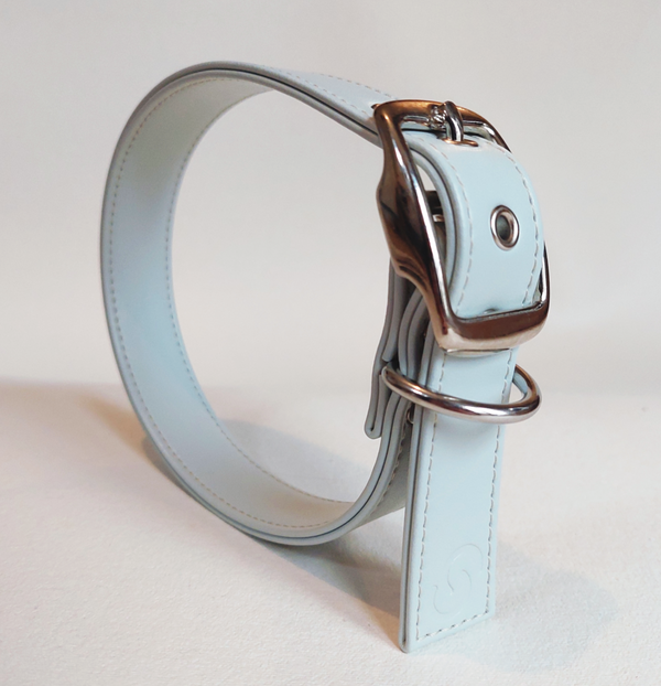 Ice Blue Vegan Apple Leather Dog Collar, PETA-approved vegan leather collar